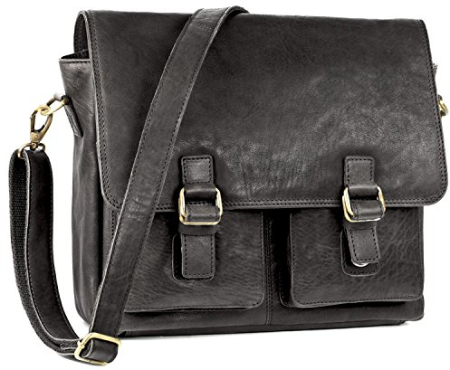 Jahn-Tasche Lässige Vintage Umhängetasche Messenger Bag Größe M aus Leder, für Damen und Herren, Schwarz, 439