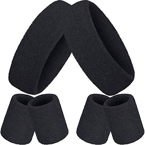 Set med svettband, inkluderar sportpannband och armband svettband färgglada bomullssvettband för män och kvinnor (svart, 6 delar)