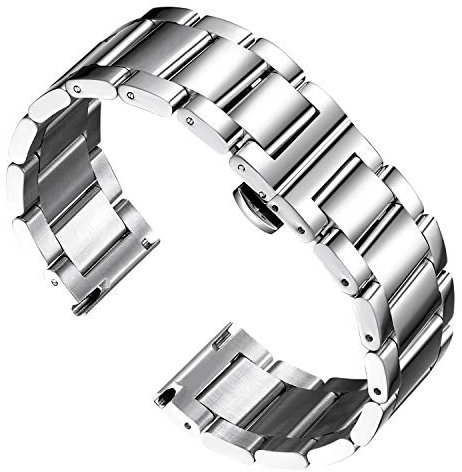 BINLUN Edelstahl Uhrenarmband Ersatzarmband Poliert Metall Uhrenarmbänder Matt Gebürstet Metallarmband für Herren Damen mit Schmetterlingsschnalle(Poliertes Silber 20mm)