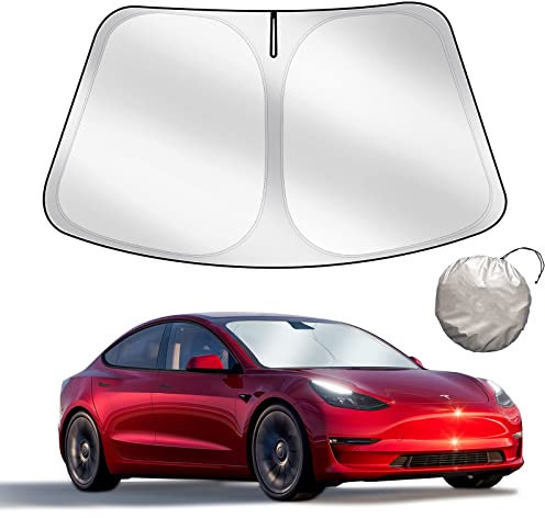 Parasol diseñado para el Tesla Model 3 Y 2019-2025, Parabrisas Delantero, Tejido de Doble Capa Que bloquea la luz, Parasol Plegable con una Bolsa de Almacenamiento, Accesorios para el Tesla Model 3/Y