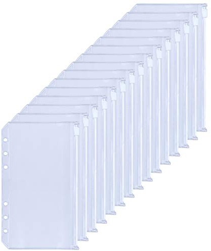 HAUTOCO 15 Stück A6 Binder Taschen, PVC 6-Loch Bindetaschen Wasserdicht Dokumententasche Transparent Umschläge mit Reißverschluss für A6 Ordner, Ringbuch, Budget Planner Zubehör, Umschlagmethod
