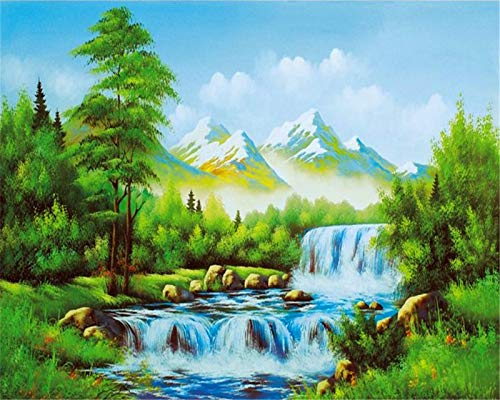 YEESAM ART Kunstbedarf Bergspitze Strom Grün Bäume, Malen nach Zahlen Erwachsene 16x20 Zoll DIY Ölgemälde Zahlenmalerei Öl Wandkunst (Bergspitze, mit Rahmen)