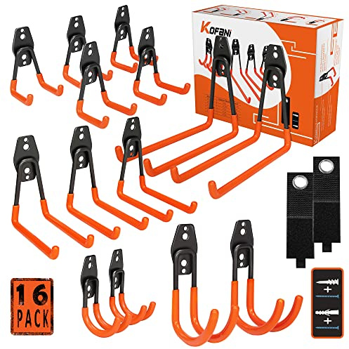KOFANI Heavy Duty Steel Hooks, 16 Pack with Anti-Slip Coating - Utility Wall Mount Garage Storage for Hanging Bike, Ladder and Garden Tools
