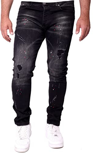 Reslad Jeans herr färg stänk stretch denim slitna jeans herrbyxor slim fit RS-2101, svart, 33W x 32L