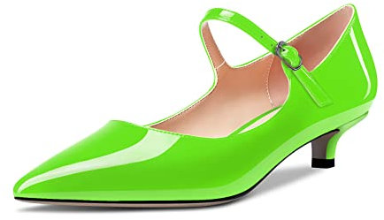 Aachcol Mujer Mary Jane Gatito Bajos Heel Pumps Puntiaguada Punta Slip-on Dress Zapatos Fiesta Oficina de Boda Verde Lima Charol 3.5 CM 39 EU