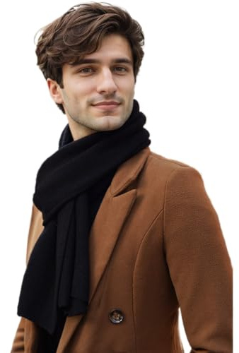 Prettystern Écharpe en Cachemire de yak et laine d'agneau tricotée chaude et aérée d'hiver Étole pour homme femme Noir