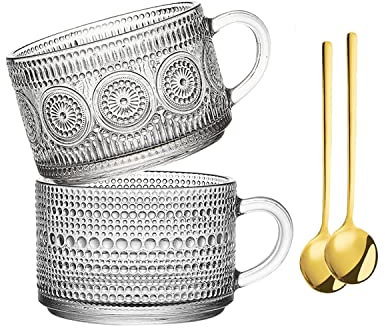 Hniuyun 2Pcs Vintage Coffee Mugs, 400Ml Glass Tea Cups with Spoons, Clear Embossed Glass Cups, Glass Coffee Cups for Cappuccino, Latte, Cereal, Yogurt, Milk, Christmas Thanksgiving Gifts