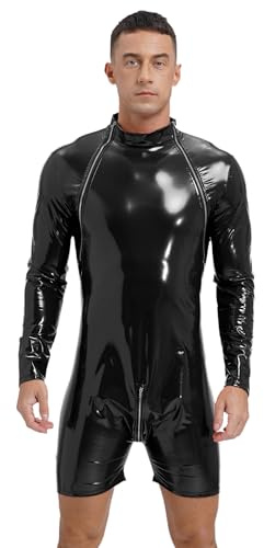 FEESHOW Wetlook body läder latex overall kort långärmad lack läder mäns body ouvert med 3 dragkedja M-4XL, Svart_F, XXL