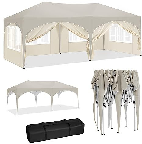 WOLTU Tonnelle de Jardin Imperméable et Protection de UV, Tente Pliante 3x6m avec 6 Parois Latérales, Hauteur Réglable, avec Sac de Transport, Beige
