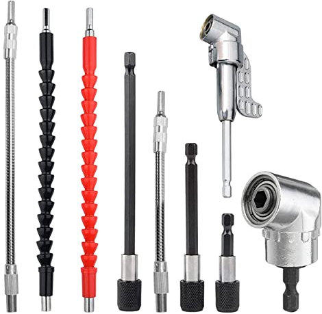 Flexibler Bohrer-Erweiterungssatz, 9stk Winkelaufsatz105° Winkelaufsatz für Akkuschrauber Adapter, Flexible Welle Bohrmaschine, 1/4 Sechskantschaft Verlängerungsstange für Elektrische Bohrmaschinen