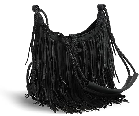 Emprier Vintage Fringe Hobo Taschen für Frauen Vegan Kunstleder Quaste Crossbody Tasche Fransen Geldbörse, Schwarz, 24cm x 19cm x 7cm