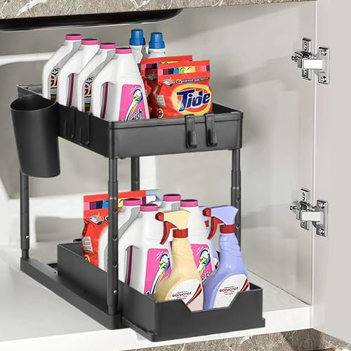 Eufrozy Unter Waschbecken Regal, 2 Etagen Spülschrank Organizer Höhenverstellbar mit 4 Haken 1 Tasse, Under Sink Organizer Ausziehbar mit Schiebeschublade Ideal für Küche und Badezimmer
