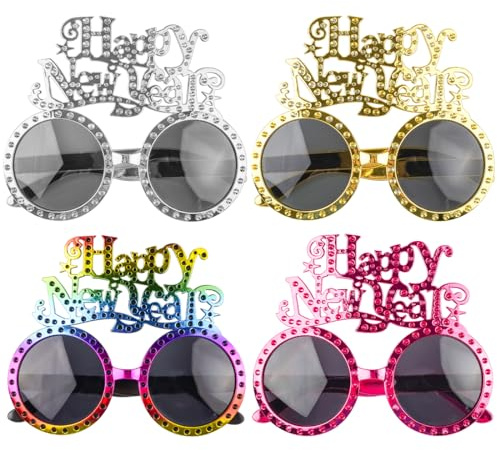 O-Kinee 4 Stück 2026 Frohes Neues Jahr Brillen，Happy New Year Brillen,Lustige Silvester brillen,Silvester brille für Neujahrsparty,Accessoires Foto Requisiten Partybrille