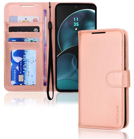 TECHGEAR Funda tipo cartera de piel sintética para Moto G14 con bloqueo RFID, tarjetero, soporte y correa de muñeca, piel sintética de oro rosa con cierre magnético para Motorola Moto G14