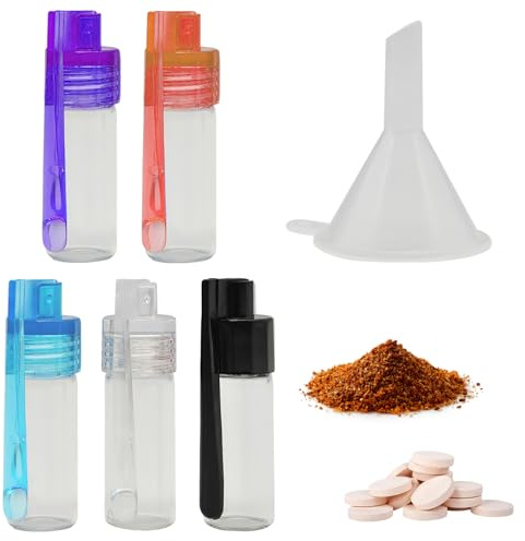 VOSSOT 5 Stück 51MM Gewürzpulver Werkzeug mit Löffel Bullet Glas kleine Aufbewahrungsflasche mit Mikrotrichter, Glasvile mit Löffel für Outdoor, Camping, Reisen