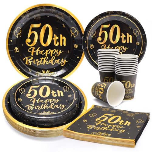PARTY GO 96 Stück Schwarz und Gold Party Geschirr Set für 50. Geburtstag - Pappteller für 24 Gäste, Tischdekoration