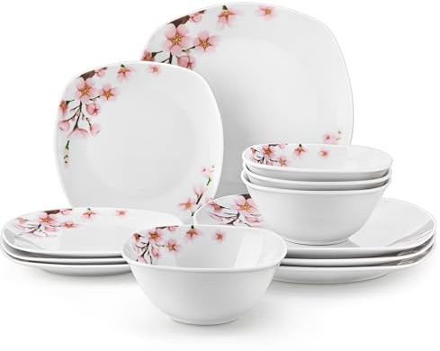 VEWEET Plates and Bowls Set for 4, Porcelain Dinnerware Set with Pink Floral, 12 Pcs Dishes Including Dinner Plates, Dessert Plates and Cereal Bowls, Series ANNIE