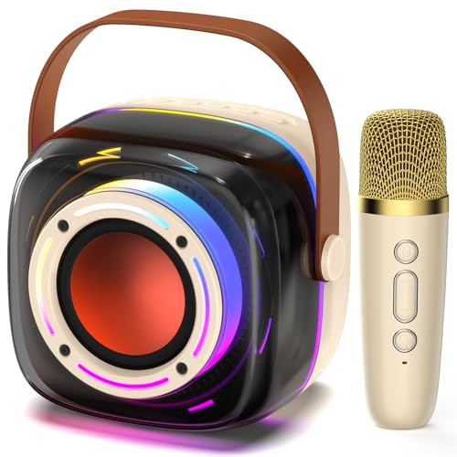 Mini Karaoke Machine for Kids Adults, Portable Bluetooth Karaoke Speaker with 2 Wireless Mircophones and Colorful LED Lights, Ideal Gifts for Girls Boys (Cool Beige)