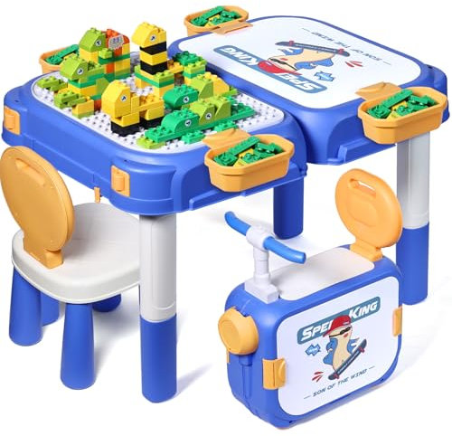 Fygurso Kindertisch mit Stühle, Kinder Tisch Stuhl Set ab 3 Jahre mit 90 Stück Kompatible Große Bausteine, Spieltisch Kinder Umbaubar in eine Box mit Rädern Zum Fahren, Kindertisch mit 1 Stuhl als
