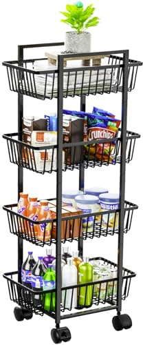 Simple Trending 4 Tier Rolling Fruit Vegetable Basket Cart, Metal Wire Kitchen Storage Organizer on Wheels for Bread Onion Potatoes, Black