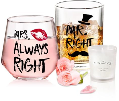 Anniversary Wedding Gifts: Whiskey & Wine Glasses for Couple - Mr. & Mrs. Gifts for Bride & Groom