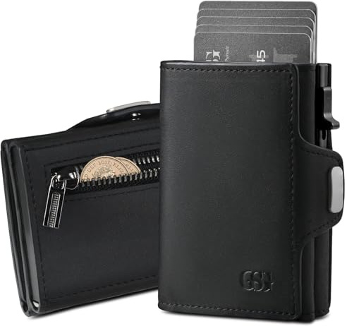 GSG SINCE 1998 Men's Leather Wallet RFID Blocking Pop Up Card Holder Slim Wallet with Coin Pocket ID Window Cash Slot Holds 10 Cards Gift Box Microfiber Black