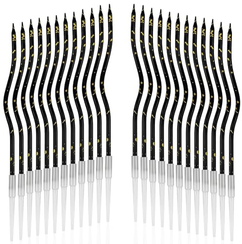 KMFYMPT 24 Pezzi Candela Compleanno, Metallico Candeline, Candele Torta Compleanno, Sottile Candele con Supporti, Candela a Spirale Cupcake, per Anniversario, Nozze, Partito, Baby Shower (Nero)