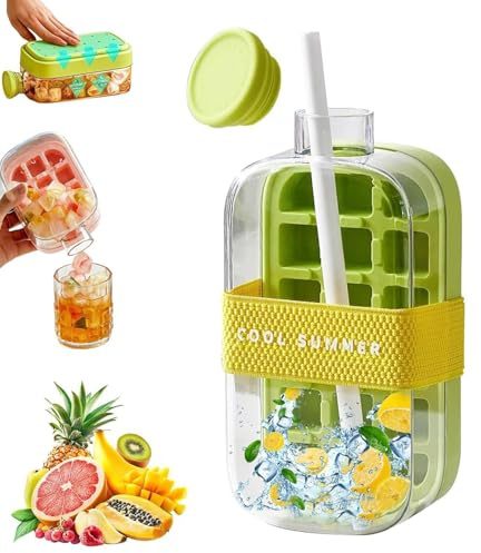 Ice Cube Bottle with Straw, 800ML 2 in 1 Touch-Free Ice Cube Tray Water Bottle with Lid and Bin, Ice Cube Moulds Ice Cube Drinking Bottle for Freezer, Coffee, Juice, and Beverages (Green)