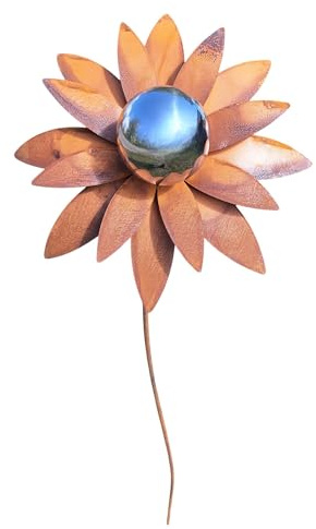 Bornhöft Piquet de jardin en métal - Décoration de jardin - Rouille - 110 cm - Avec boule en acier inoxydable (fleur rouillée)