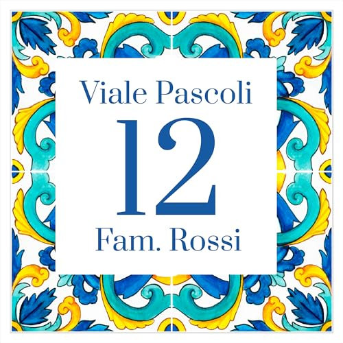 Caribu design Numero Civico Personalizzato da Esterno - Mattonella in Ceramica 15,2x15,2 cm Targa Personalizzabile con Indirizzo, Via, Nome Famiglia, Testo - Piastrella Maiolica Quadrato Casa Villa