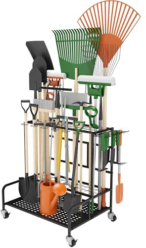 Gartenwerkzeug-Organizer mit Rädern für bis zu 39 Werkzeuge, robuster Stahl-Werkzeug-Organizer für Garagenaufbewahrung mit 12 Haken, Besenhalter und Gartengerätegestell für Schuppen, Terrasse