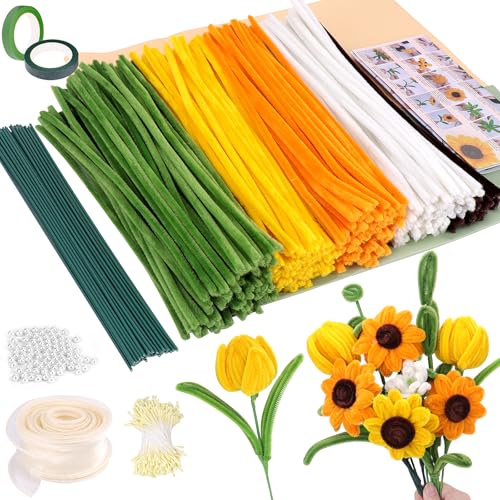 Dreamtop 400 Stück Sonnenblumen Pfeifenreiniger Blumen Set Blumenpfeifenreiniger Bouquet Pfeifenreiniger Set mit Perlen Blumen Staubblatt Rolle Verpackungspapier für DIY Erwachsene