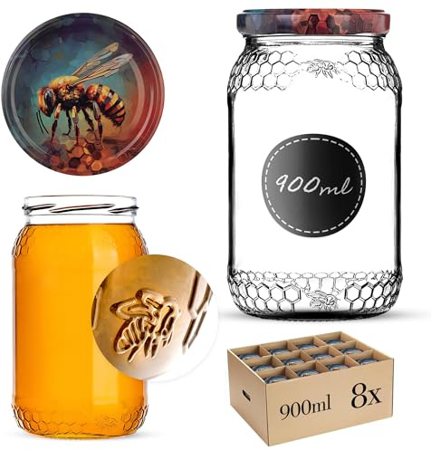 KADAX 8er Set Einmachgläser 900ml TO82 Honey Bee, Pack of 8, Große Sturzgläser mit Schraubdeckel, Einkochgläser Fermentierglas für Gurken, Gemüse, Sauerteig