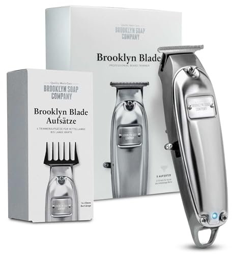 Brooklyn Soap Company - Brooklyn Blade Barttrimmer USB-C mit Zusatz-Aufsätzen - Profi Bartschneider für Herren - Edelstahl Trimmer mit 9 Aufsätzen - Elektrischer Bart Rasierer für alle Bartlängen