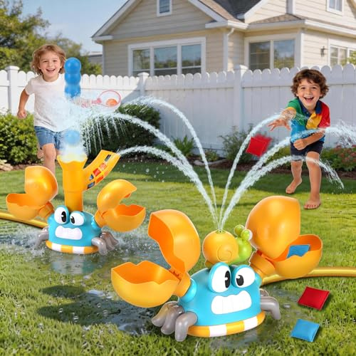 3-in-1 Giochi da Giardino da Esterno, Irrigatore per Bambini Forma di Granchio con Prendi la Palla e Lancia, Regalo Creativi per Bambino, Il Giocattoli Estivo Perfetto per Bambini 3 4 5 6 7 8 9 Anni