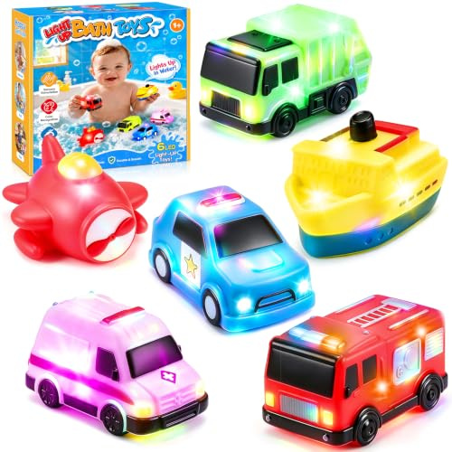 WootoySmart Baby Bath Toys for 1 2 3 year Olds, 6 PCS No Hole Mould Free Water Toys for Toddlers 1-5 Year Old Boy Girl Gifts Light Up Bath Toy 1st Birthday Gifts for Boys Kids Toys Age 1-5 Shower Gift