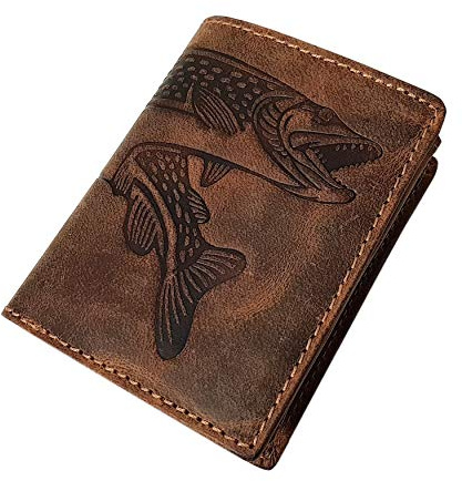 myledershop Kleine Büffel-Vollleder Geldbörse (Mit Fisch-Motiv/Braun) | Geldbeutel, Portemonnaie, Geldtasche
