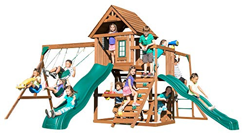 Swing-N-Slide WS 8354 Knightsbridge Super Wooden Swing Set with Two Slides, Play Set, Monkey Bars, Climbing Wall, Music Play & Climbing Wall, Wood, Green