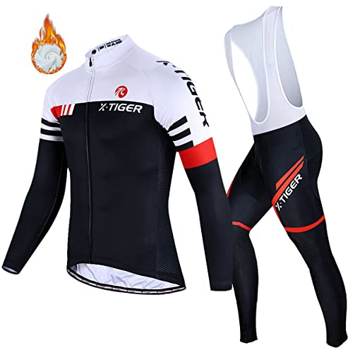 X-TIGER Homme Maillot Cyclisme Manches Longues Vestes de Cyclisme Coussin Rembourrés en Gel 5D Pantalons Vélo VTT Vêtements Respirant Automne Hiver Thermique Polaire Maillot Vêtements Coupe Vent