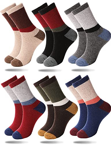 Sandsuced Kids Thermal Warm Merino Wool Socks for Walking Toddlers Boys Girls Winter Thick Heavy Cosy Cabin Boot Crew Hiking Striped Socks 6 Pairs