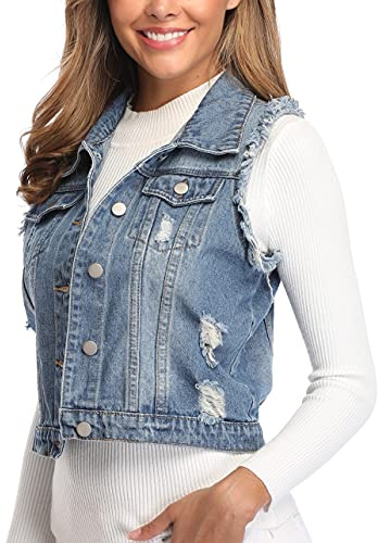 MISS MOLY Women's Ripped Denim Vest Cropped Distressed Classic Sleeveless Jean Vest Jackets With Flap Pockets Mid Blue M