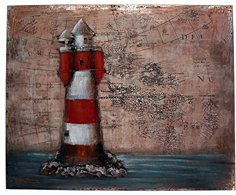 Vintage-Line Handgefertigtes Metallbild 3D-Optik Verschiedene Größen Kunst Bild Wandbild (Leuchtturm Map)