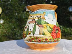 Ceramic wine pitcher handmade, hand painted 'vino' with countryside design