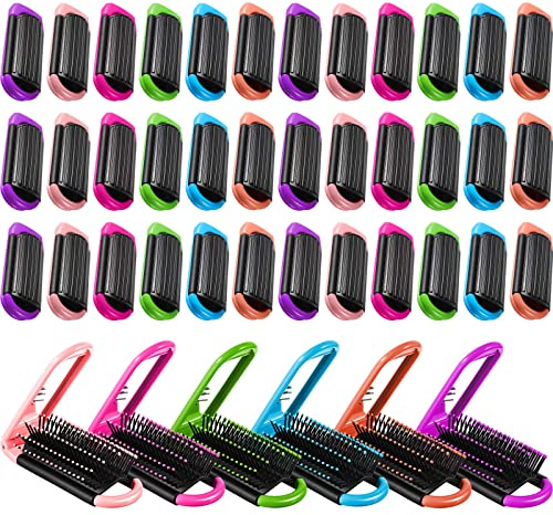 Chunful 30 Pcs Folding Hair Brush with Mirror, Travel Hairbrush for Women Men, Mini Portable Pocket Size, Small Hairbrush for Purse Toiletry Bag Gym Bag Travel Essentials