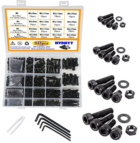 HVDHYY 945pcs 12,9 Vis Cylindrique à Six Pans Noir M2 M3 M4 M5 Kit Assortiment écrous Rondelles Entièrement Filetée Boulons en Acier au Carbone Avec Boîte Rangement pour Bricoleurs et Professionnels