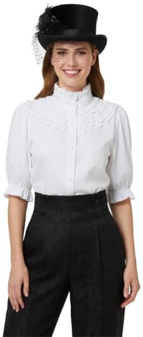 Womens Victorian Renaissance Shirt Tops Stand Collar Half Sleeve Vintage Medieval Peasant Blouse White