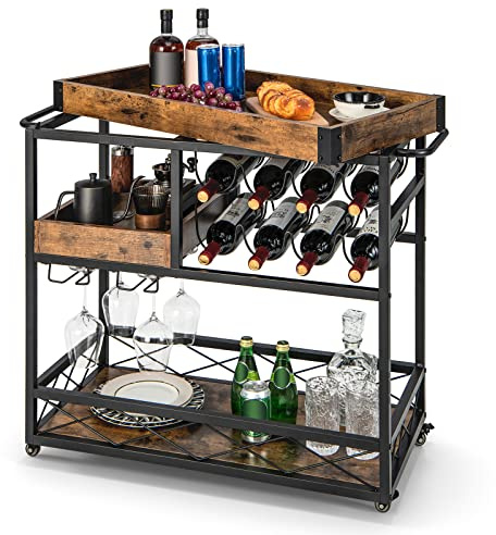COSTWAY Carrello Bar a 3 Livelli, Carrello da Cucina con Vassoio Rimovibile, Portabottiglie e Porta Calici, con Ruote Bloccabili e Maniglie, per Cucina, Sala da Pranzo e Bar