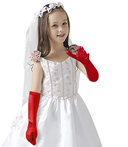Guantes de niña de flores Pincess Perla Guantes largos de satén largos de princesa Accesorios de disfraz de princesa Accesorios de vestido de novia Guantes de cuentas para niñas Guantes de comunión