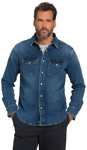 JP 1880, män, stora storlekar, jeansskjorta, flexnamic, denim, långärmad, krage, modern basic passform, västerländsk look, Medium sten, 6XL