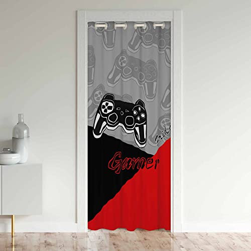 Loussiesd Gamer Doorway Curtain Privacy Gaming Door Cover Curtain Red Grey Black Privacy Heat Blocking Blackout Thermal Insulated Door Curtain Game Decor Darkening Blackout Curtains 86x203cm 1 Panel